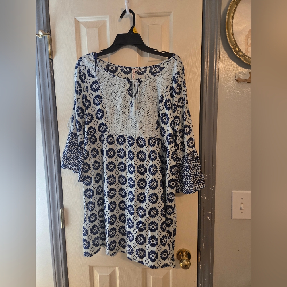 Red Camel Blue and White Patterned Long Sleeve Dress